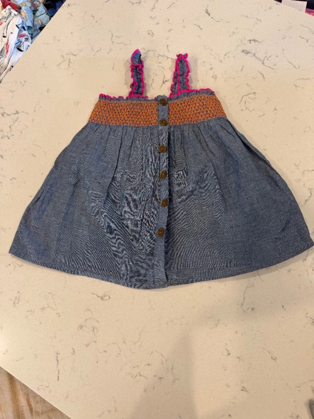 Girls Chambray Button-Front Skirted Bottom with Pink and Orange Smocked Waist